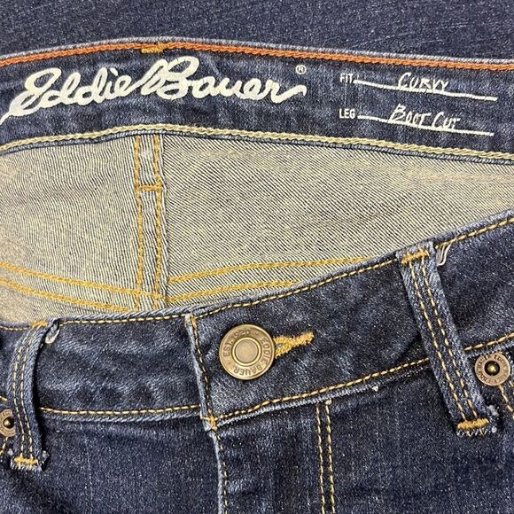Eddie Bauer Dark Wash Curvy Bootcut 5-Pocket Tan Contrast Stitching Jeans-Size 8 - Picture 11 of 16